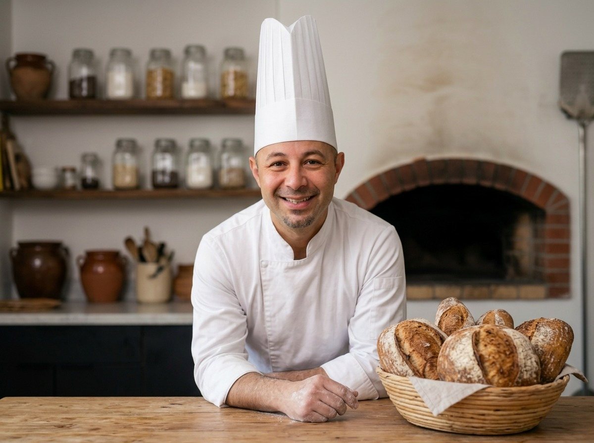 Matthew Thompson in a bakery with fresh loaves
