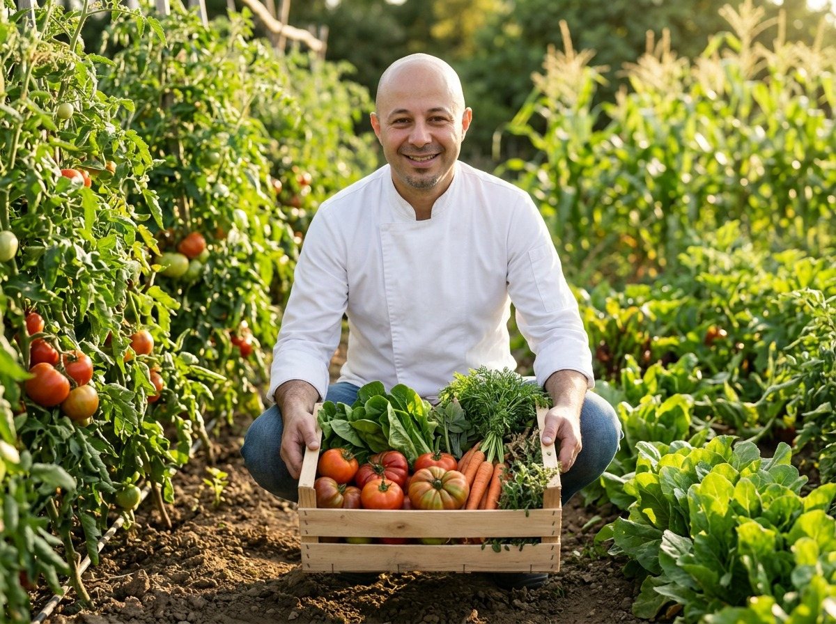 Matthew Thompson in a vegetable garden with a crate of the harvest