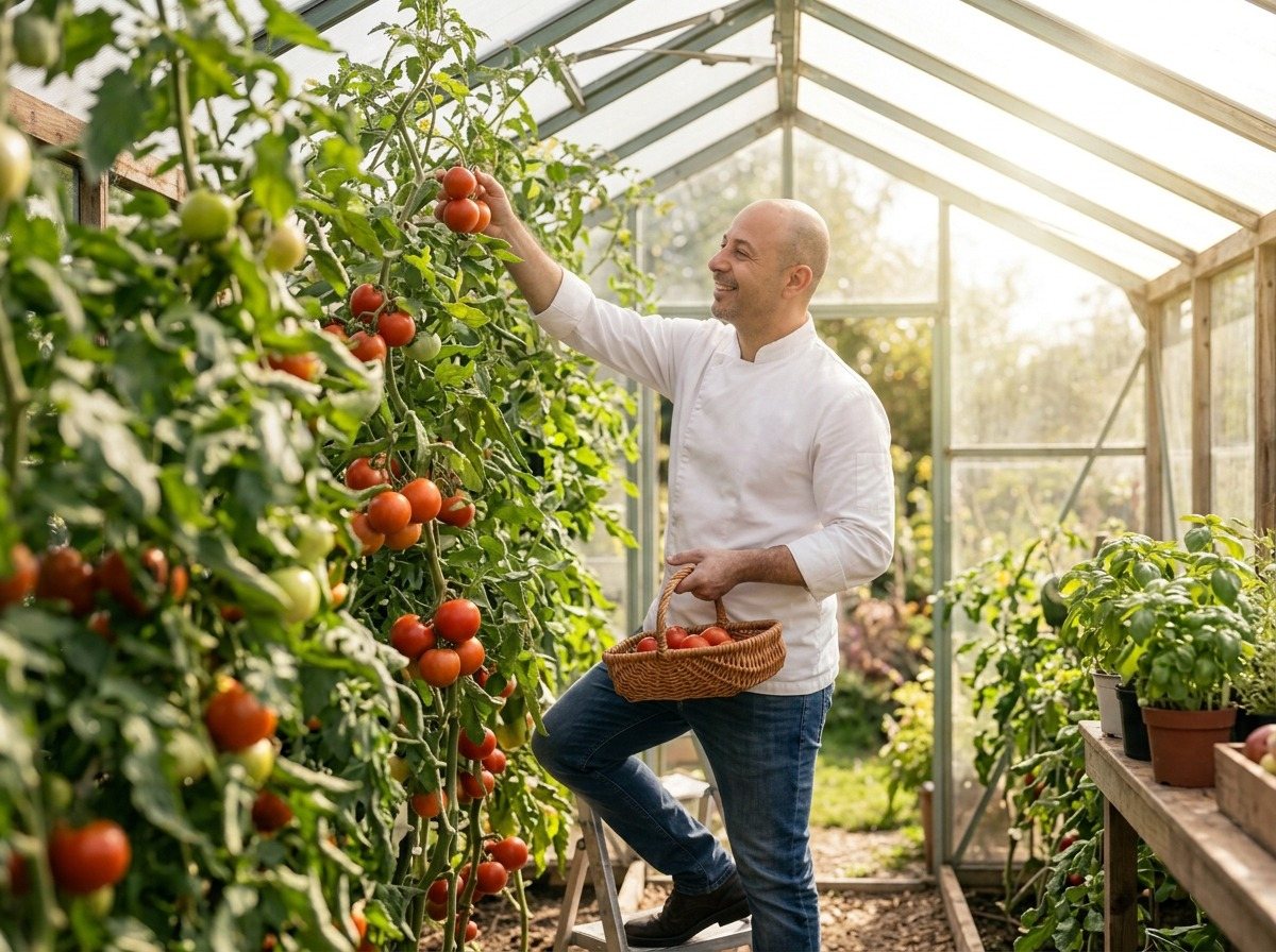 Matthew Thompson picking tomatoes in a greenhouse