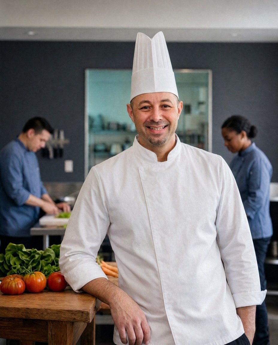 Matthew Thompson in chef whites with his kitchen team