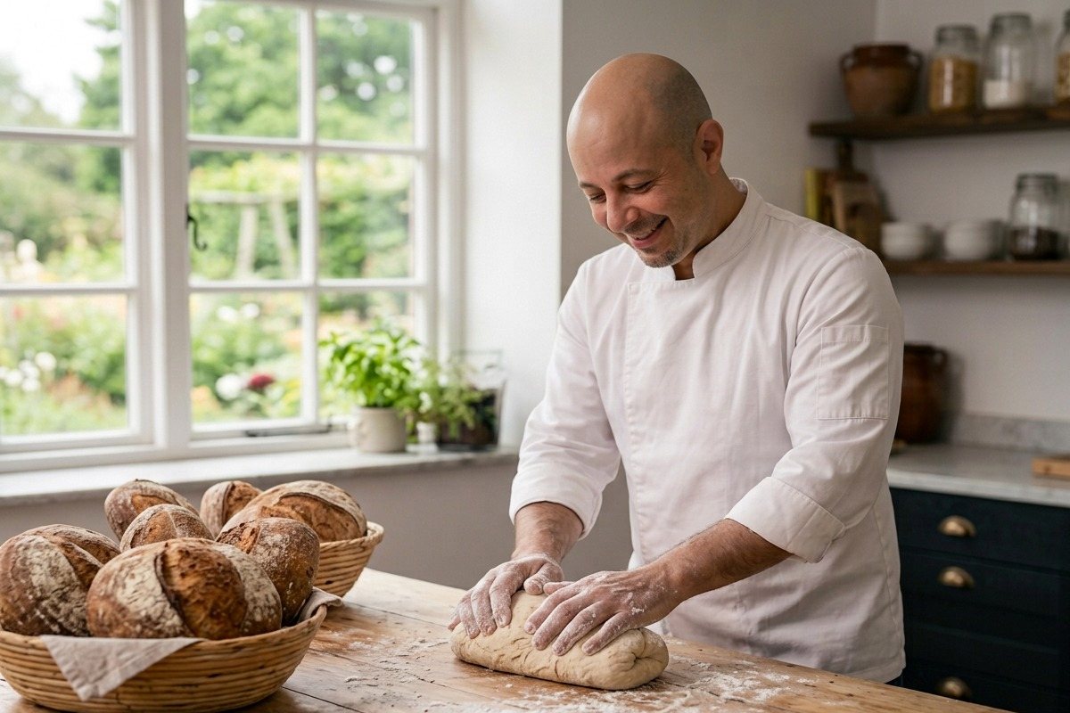 Matthew Thompson kneading bread dough beside a basket of loaves