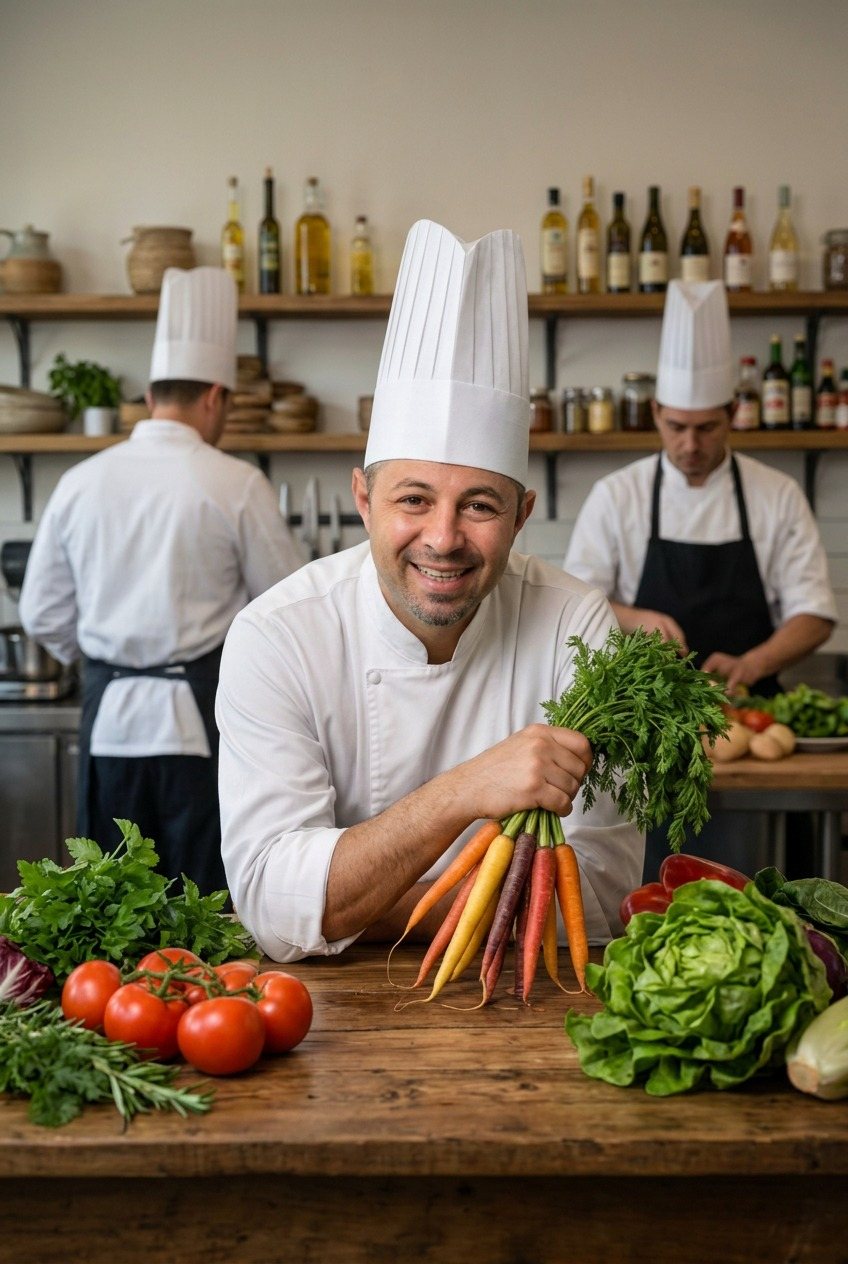 Matthew Thompson holding rainbow carrots in a working kitchen