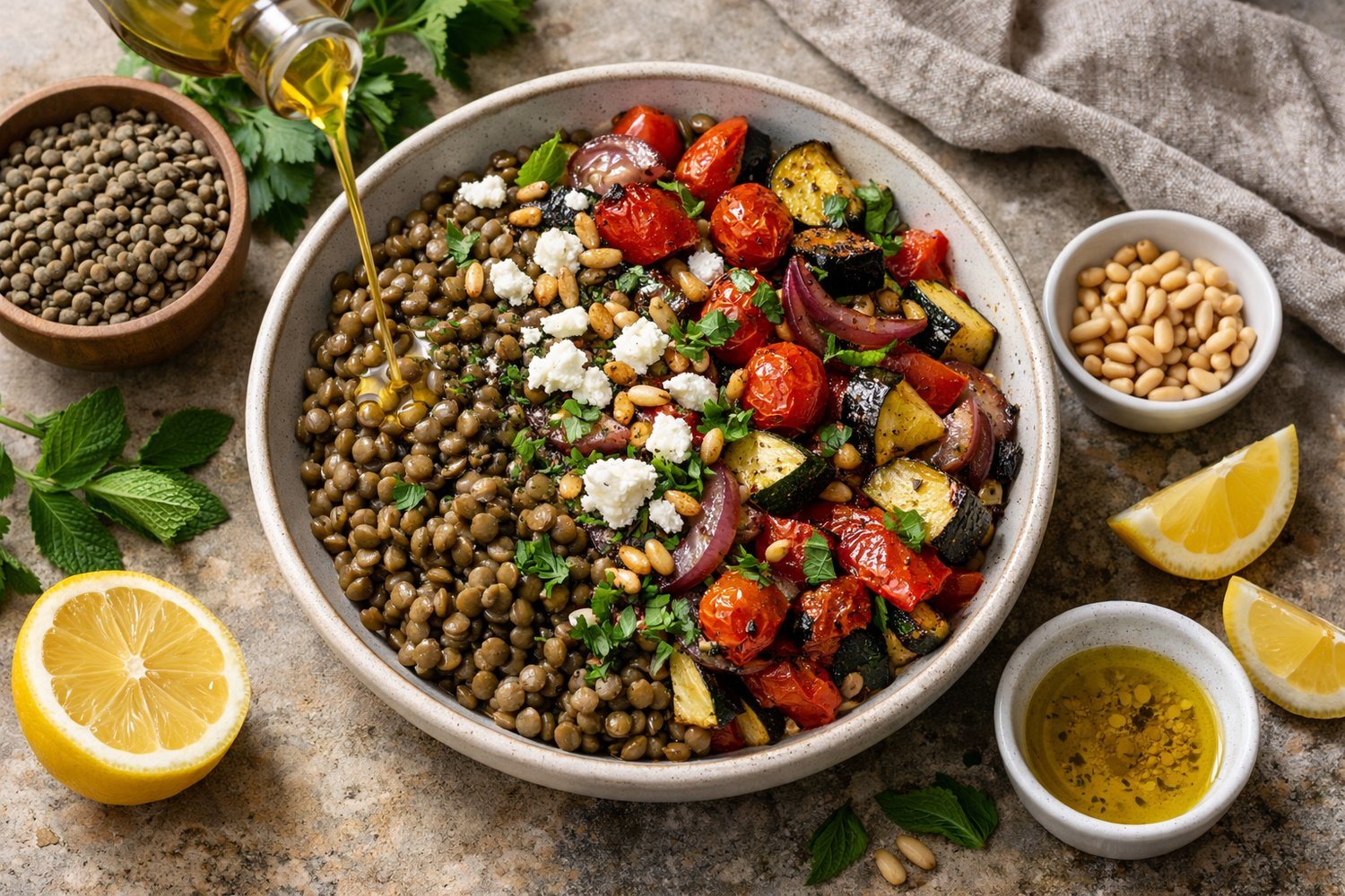 Mediterranean Lentil and Roasted Vegetable Power Bowl