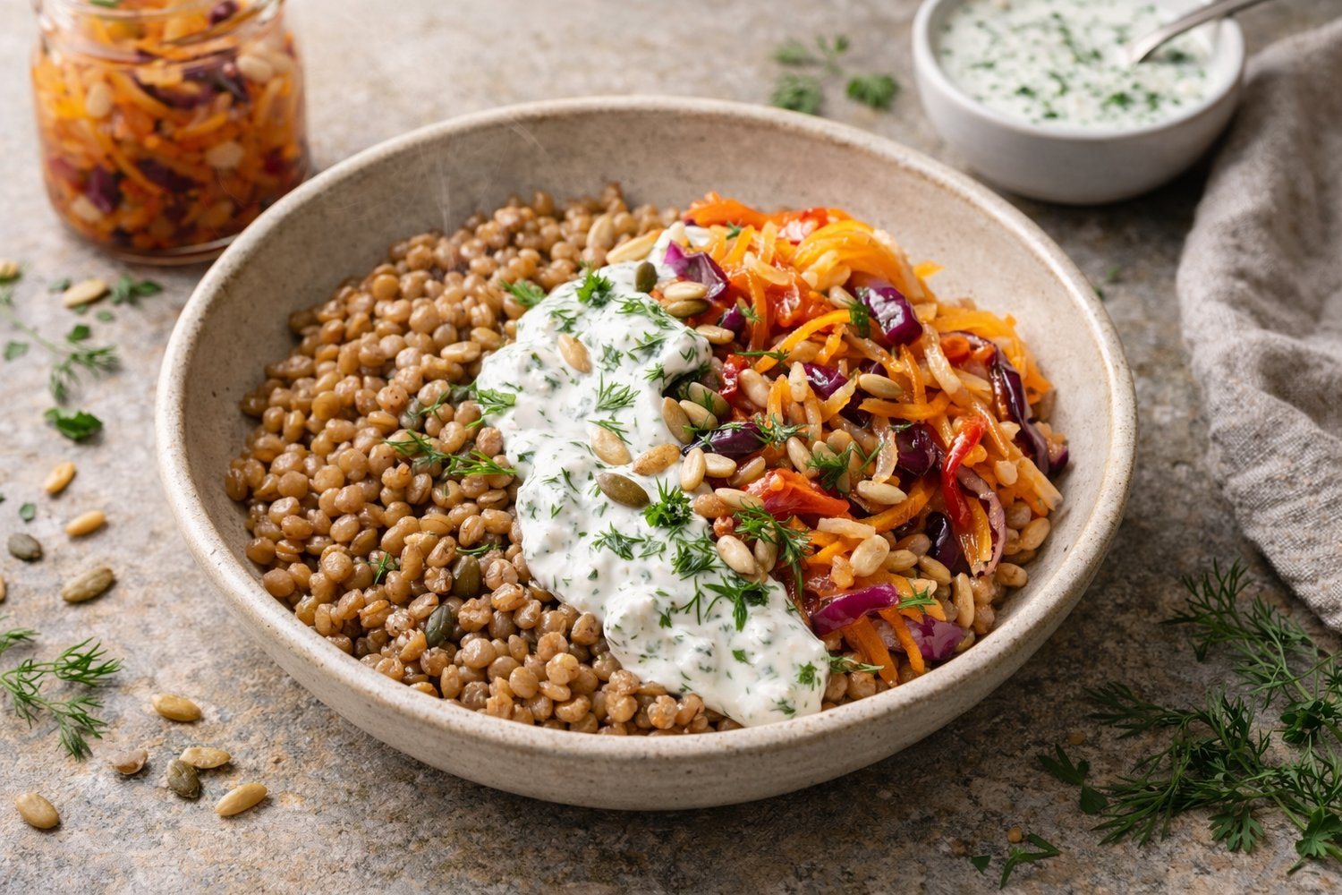 Warm Farro with Fermented Vegetables and Herbed Yogurt